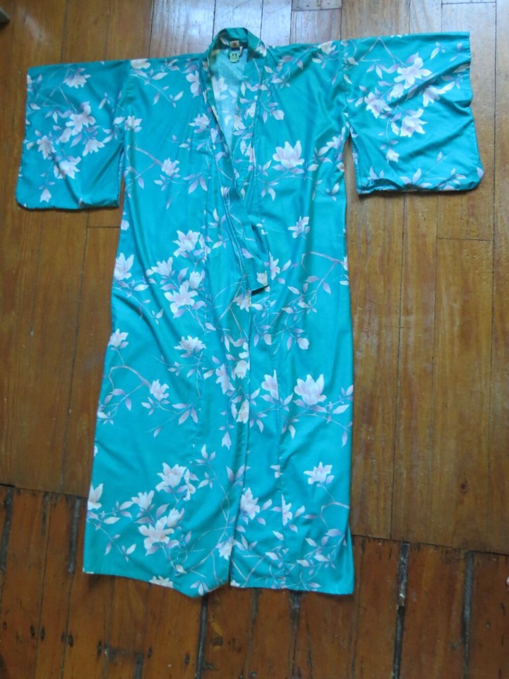 Vintage made in Japan 100% Cotton Floral Green Teal long Kimono